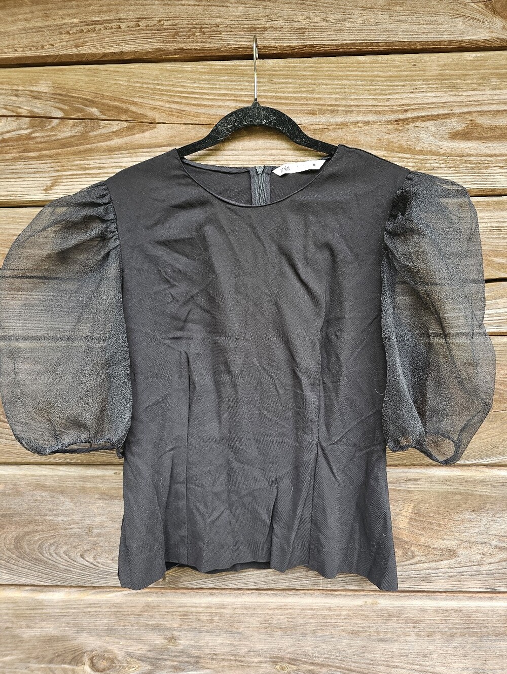 Zara Black Organza Puff Sleeve Blouse Top Size XL